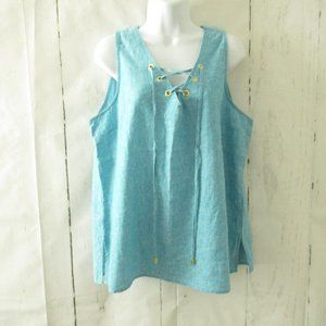 Harve Benard Top L Large Blue Linen Washable Sleeveless Lace Up